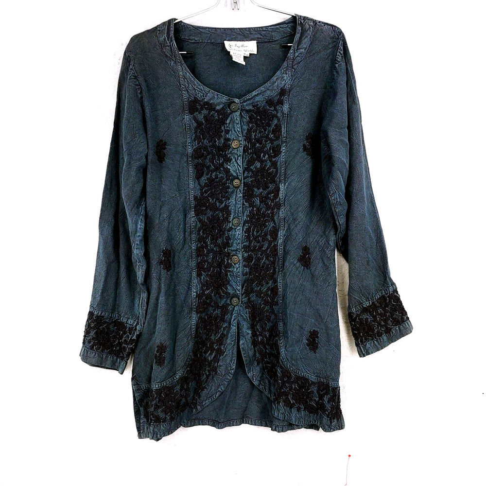 Vtg Papillon Tunic Top Blue Embroidered Button Down Blouse Dyed Crinkle Lagen Md
